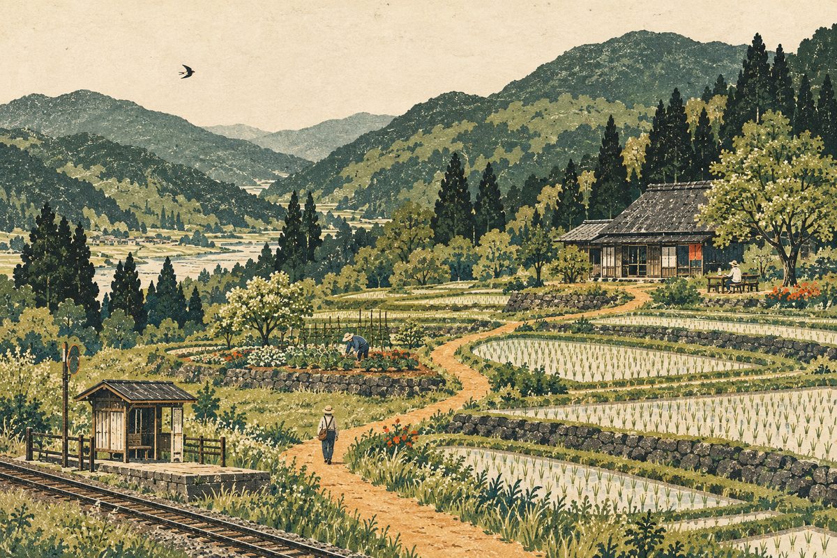 山あいの田畑を小道がつなぎ、歩く人、育てる人、見守る人がいる版画風の風景